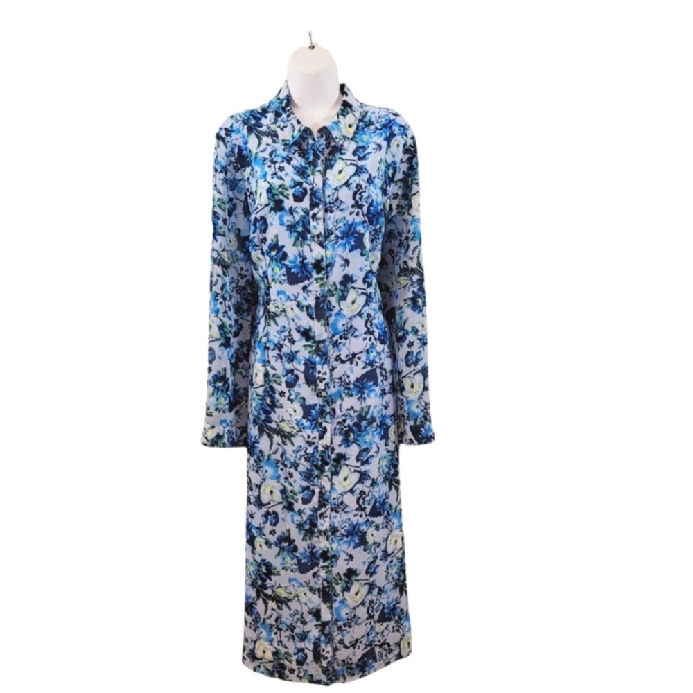 NWT Tahari Begonia Blue Floral Snap Front Longsleeve Maxi Dress Size XL